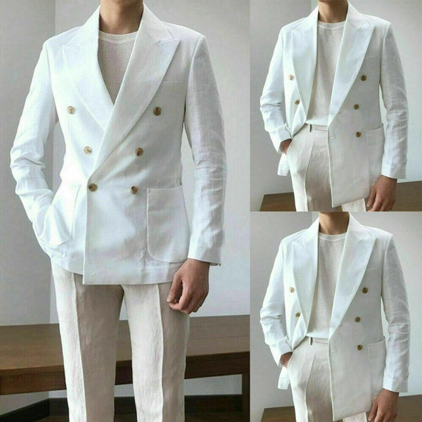Mens White Linen Jacket Summer Wedding Jacket Sports Coat Bespoke Blazer Plus Size Groom Jacket Beach Suit Jacket Dinner jacket