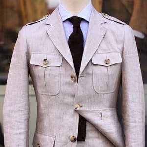 Terno masculino de linho para safari, roupa de verão para caça, jaqueta slim fit para noivo, casamento, roupas clássicas para padrinhos