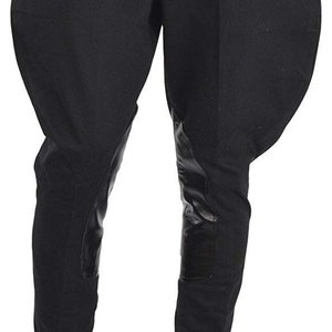 Men/Women Traditional Black Cotton Jodhpurs Equestrian Leather Patches Breeches Riding Trousers High Waist Pants 20s Baggy Style Pants