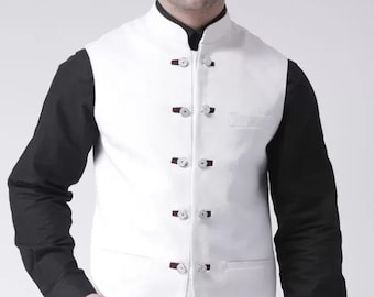 Indian White Nehru Jacket Ethnic Festive Waistcoat Party Wear Nehru Collar Vest Casual Jacket