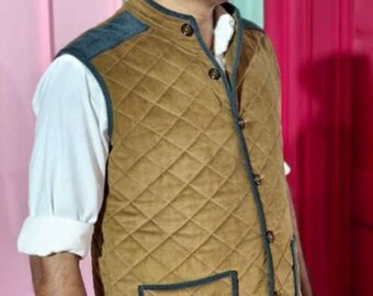 Classic Indian Smoking Party wear Quilted Khaki Waistcoat Jacket Vest Evening Robes Dinner Jacket Slim fit Jacket Hosting  Jacket