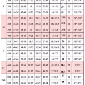 May include: A size chart for jackets with measurements in inches for chest, over arm, shoulder, waist, hip, neck, sleeve, length, and height.