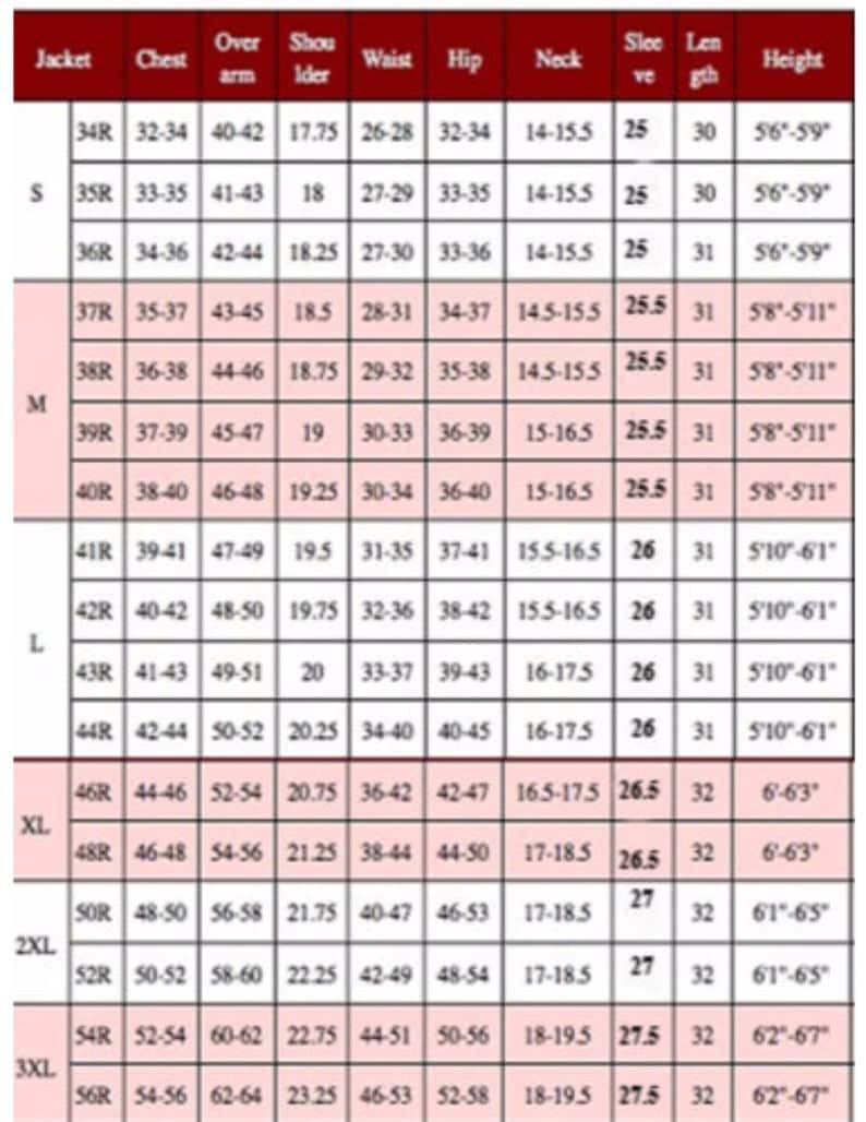 May include: A size chart for jackets with measurements in inches for chest, over arm, shoulder, waist, hip, neck, sleeve, length, and height.