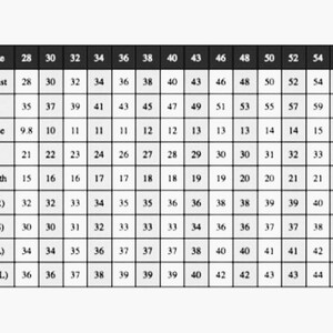 May include: A chart showing pants sizes and corresponding measurements in inches for waist, hips, front rise, thigh, hem width, and inseam. The inseam measurements are listed for regular, short, long, and extra long inseams.