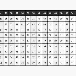 May include: A chart showing pants sizes and corresponding measurements in inches for waist, hips, front rise, thigh, hem width, and inseam. The inseam measurements are listed for regular, short, long, and extra long.