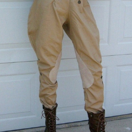 Vintage Style Khaki Riding Pants Equestrian Jodhpurs Button Front