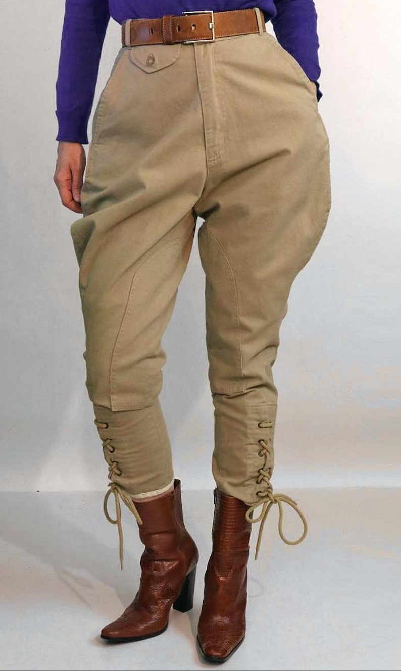 Vintage Wide Leg Pants & Beach Pajamas History Classic Khaki Riding Pants Equestrian Breeches Victorian Polo Pants Ankle Length Lace up Jodhpurs $99.50 AT vintagedancer.com