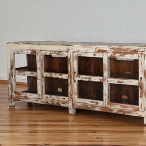 Farmhouse Sliding Glass Door & Sides Distressed Display Cabinet Weathered Solid Wood Shabby Chic Media Console Low Retail Display Case