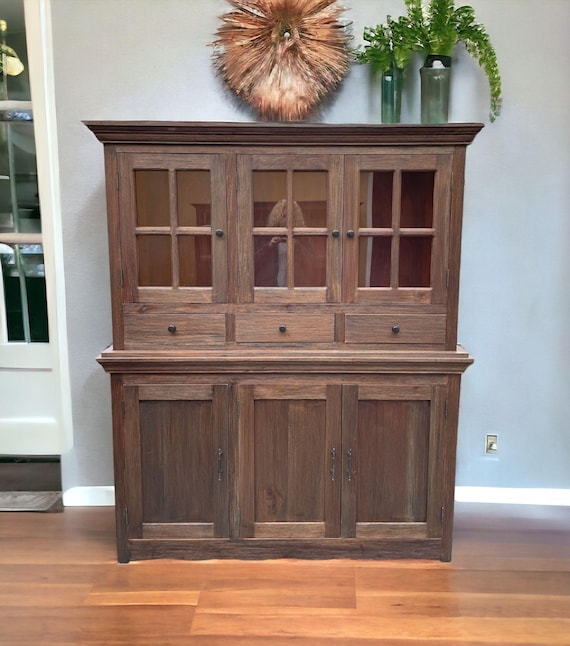 Modern Farmhouse Tall Rustic Dark Natural Solid Wood Finish Kitchen Cabinet Cupboard Dining Room 2 Piece Glass Door Hutch 6 Door 3 Drawer Etsy