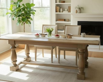 Rustic Farmhouse Large Rectangle Dining Table Solid Wood Trestle Base Chunky Leg Seats 6-8 Natural Finish