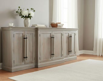 Rustic 8' Large Coastal Breakfront Credenza Solid Wood 6 Door Driftwood Finish Entryway Media Console Dining Room Buffet Server