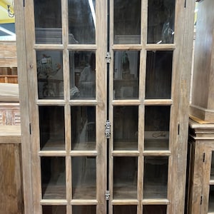 French Country Vitrine Glass Pane Door China Display Closet Tall Library Bookcase Solid Wood Cabinet Driftwood Finish