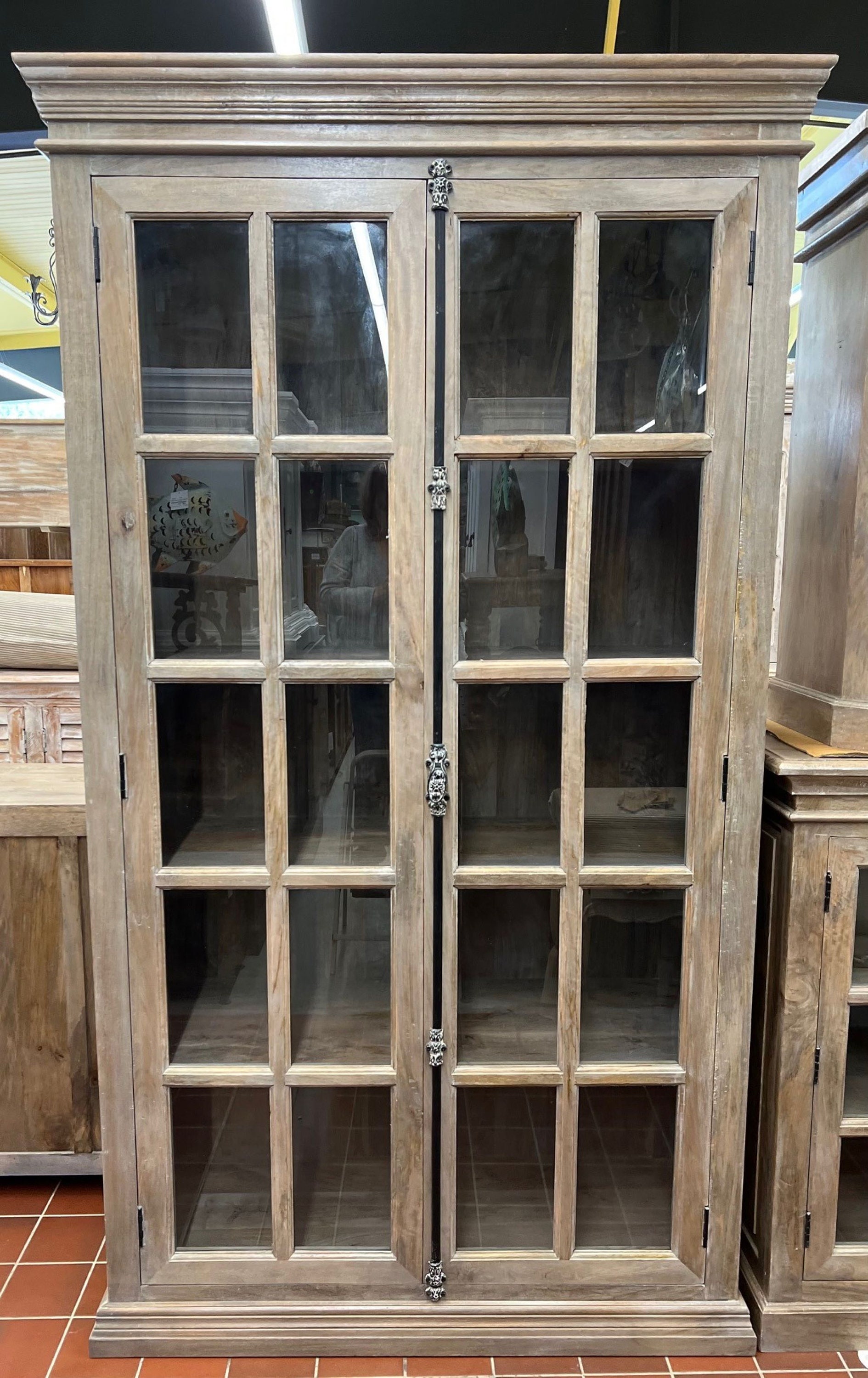 French Country Vitrine Glass Pane Door China Display Closet Tall Library Bookcase Solid Wood Cabinet Driftwood Finish