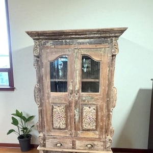 OOAK Old Farmhouse Style Reclaimed Solid Wood Accent Cabinet Rustic 2 Glass Door 2 Drawer 5&#39; Tall Narrow Bookcase