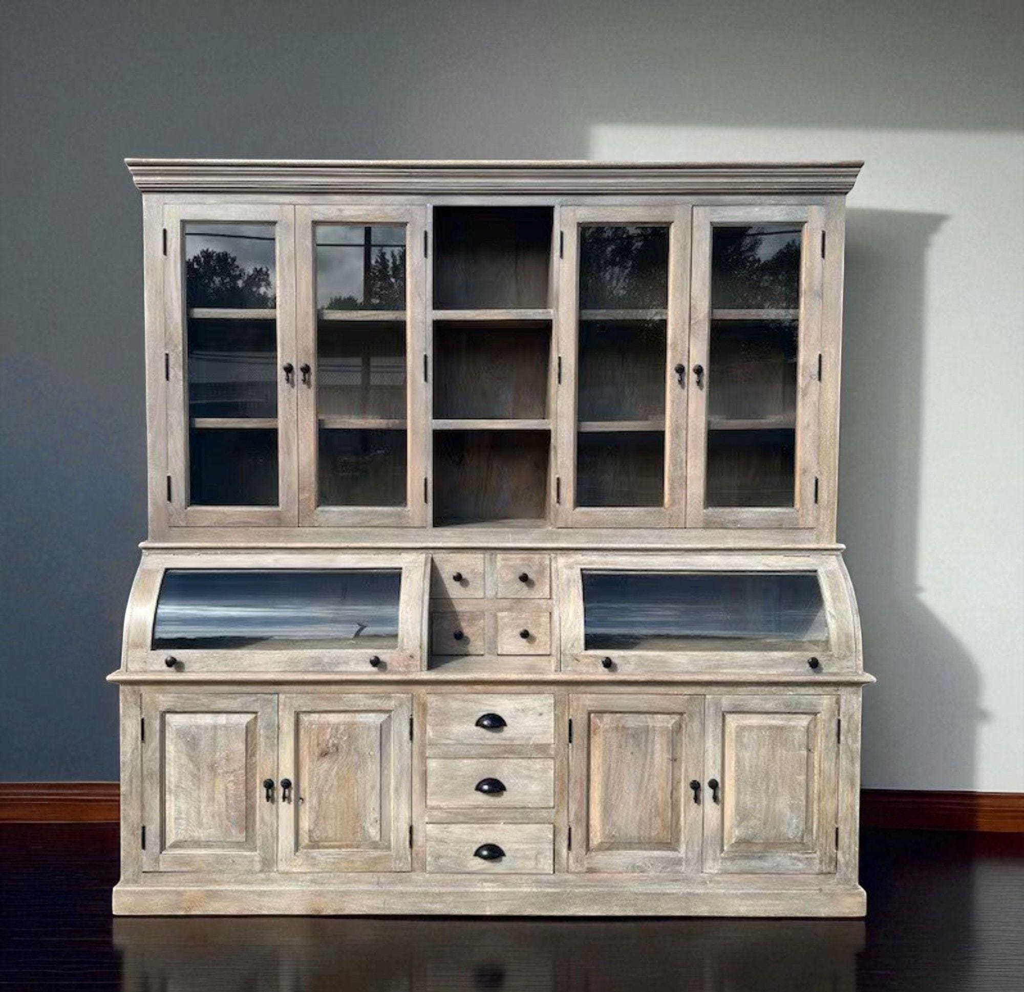 Driftwood Finish Coastal Kitchen Pantry Large Cupboard Solid Wood Buffet Modern Farmhouse 2 Piece Hutch Curved Glass Door Bread Roll Cabinet
