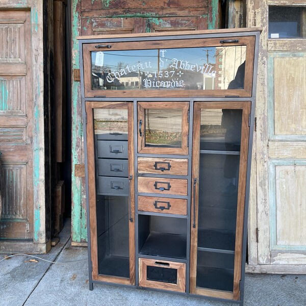 Hand Crafted Teak Wood Apothecary Cabinet: Industrial Chic Glass Door Storage