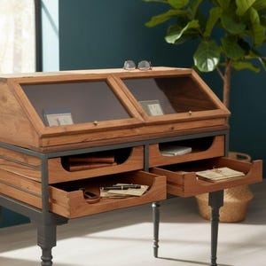 Urban Chic Industrial Double Display Case Iron Base Teak Drawers 2 Lift Up Glass Doors Accent Cabinet