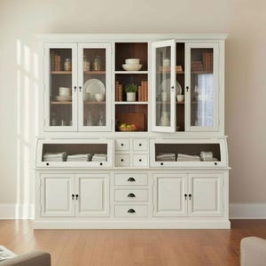 Modern Kitchen Pantry Glass Door Bread Roll Cabinet Solid Wood Tall 2 PC Dining Room Hutch With Storage