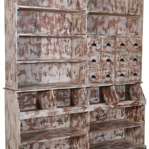 Old Vintage General Store Style Solid Wood Open Shelf Display Hutch Two Piece Country Kitchen Tall Cabinet Cupboard Retail Store Display