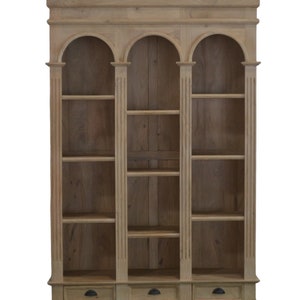 Roosevelt Triple Arch Bookcase Solid Mango Wood Tall Wide Open Book Shelf Cabinet With 3 Bottom Drawers Natural Light Wood Finish