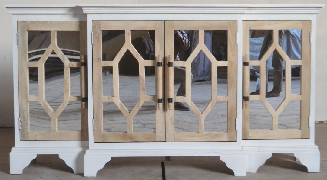 Coastal Carved Solid Wood Mirror Door Tall Entryway Credenza Etsy
