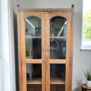 OOAK Old Farmhouse Reclaimed 2 Glass Door Bookcase China Display Closet Rustic Tall Solid Wood Linen Storage Cabinet Sturdy Kitchen Pantry