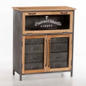 Industrial Chic Glass Door Iron Drawer Solid Wood Apothecary Medium Size Storage Organizer Cabinet