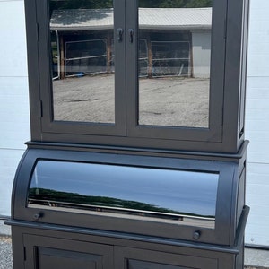 Single Roll Curved Glass Bread Cabinet Tall Black 2 Glass Door 2 Solid Door Solid Wood Kitchen Cupboard Pantry 5 Shelf Buffet 2 Piece Hutch