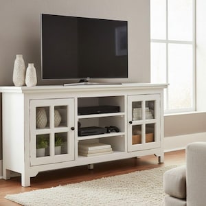 Coastal Glass Door Open Shelf Solid Wood Distressed White Media Console Cabinet