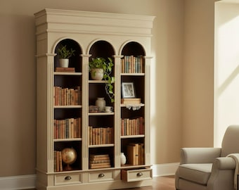 Classic Tall Triple Arch Large Bookcase Solid Wood Neutral Finish Open Shelf Display Cabinet