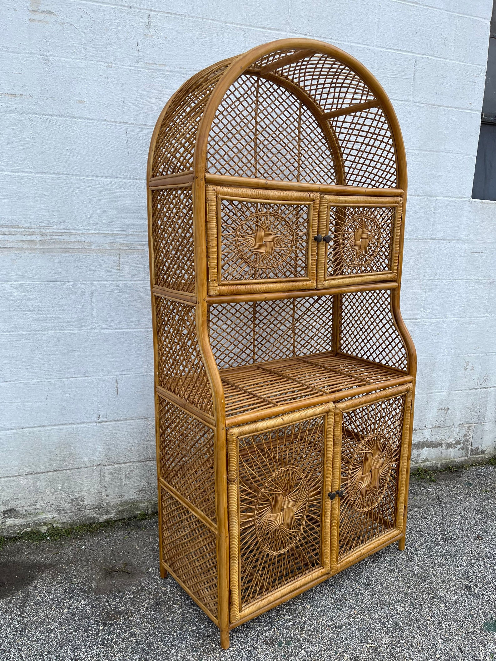Vintage Rattan Etagere Shelving Unit Arched Wicker Bookshelf Etsy