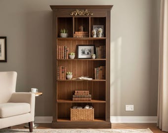 Tall Rustic Open Shelf Bookcase Solid Mahogany Wood Natural Finish Display Cabinet