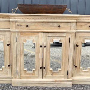 Coastal Sleek Mirror Door Credenza Breakfront Buffet Server Media Console Cabinet Natural Wood Finish