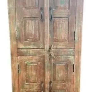 Old Farmhouse Small Kitchen Cupboard Solid Mango Wood 4 Door Bathroom Linen Closet Distressed Finish