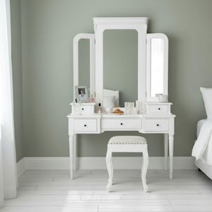 French Country Cottage White Vanity With Stool & Triple Mirror Solid Mahogany Wood Upholstered Seat