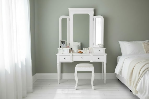 French Country Cottage White Vanity With Stool & Triple Mirror Solid  Mahogany Wood Upholstered Seat - Etsy