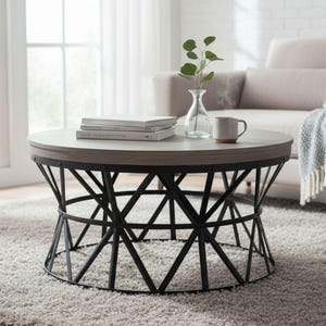 Urban Chic Black Iron Base Round Coffee Table Mango Wood Top Rustic Finish