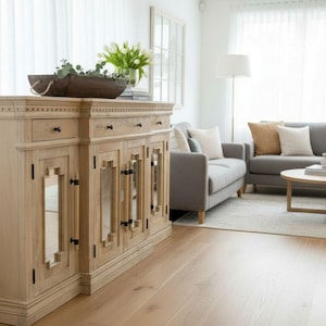Coastal 6' Mirror Door Breakfront Console Solid Wood Natural Finish Sideboard