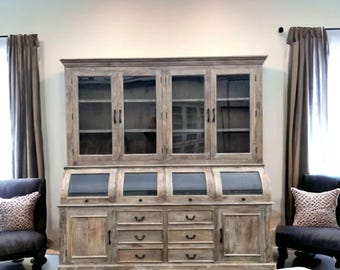 Driftwood Finish Coastal Large Kitchen Pantry Cupboard Solid Wood Glass Door Showcase Display 2 PC Hutch Curved Glass Bread Roll Cabinet