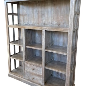 Coastal Beach House Cape Cod Tall Glass Door 2 Drawer Open Shelf Bookcase Solid Mango Wood Showcase Display Cabinet Rustic Driftwood Finish