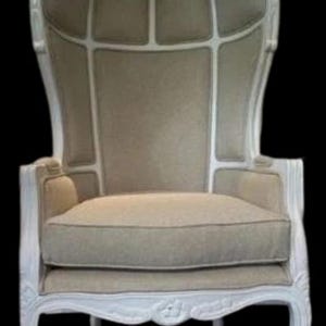 Louis XV French Style Tall Solid Wood White Porter&#39;s Linen Upholstery Canopy Balloon Throne Armchair