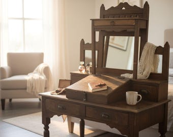 Reclaimed Wood Rustic Mirrored Entryway Hallway Console Table Antique Style Solid Wood Secretary Desk