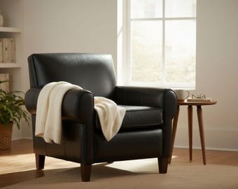 Classic Genuine Black Leather Livingroom Office Armchair Oversized Club Lounge Accent Chair