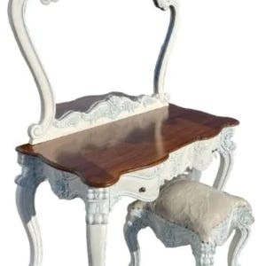 French Country Vintage Style Old Paris French Bedroom Make Up Vanity Solid Wood Dressing Table With Mirror & Stool