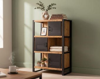 Urban Industrial Chic Tall Mango Wood Iron Base Open Shelf Bookcase Metal Storage Doors
