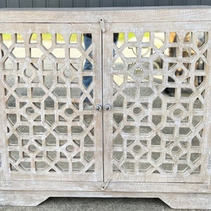 Coastal Boho Carved Fretwork Glass Door Small Cabinet Entryway Console Bedroom Living Room Storage Console Whitewashed Driftwood Finish