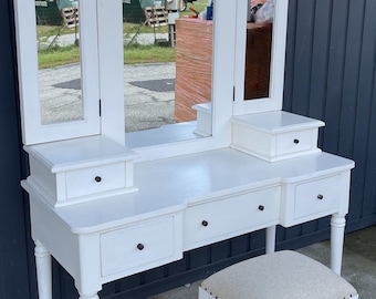 Shabby Chic Distressed White Bedroom Make Up Vanity & Cushioned Stool Ladies Student Desk Solid Wood Dressing Table Extra Tall Triple Mirror