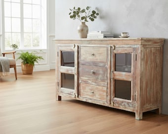 Rustic Farmhouse Narrow Entryway Hallway Console Solid Wood Glass Door Center Drawer Buffet Server