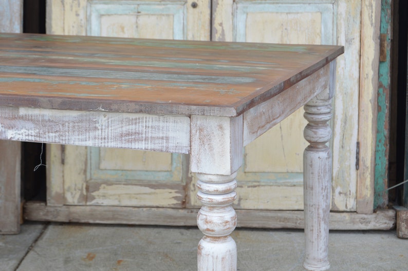 Rustic 6' Reclaimed Wood Distressed White Country Farmhouse Leg 72 Large Rectangle Family Size Kitchen Dining Table Weathered Paint Top image 3