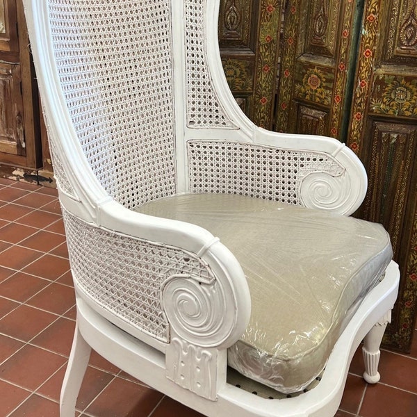 French Provincial Accent Chair Double Caned Beige Cushion Solid Wood Frame Bedroom Porch Sunroom Wingback Armchair